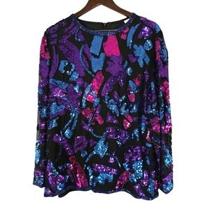 Sparkling Sequin Embellished Black Beaded Long Sleeve Blouse Top Women's